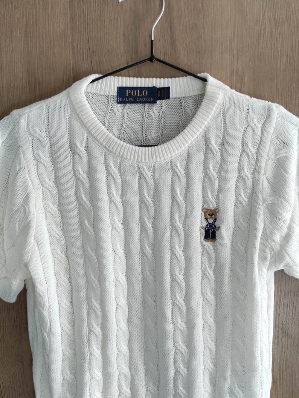 Polo Ralph Lauren White Cable Knit Short Sleeve Sweater Embroidered Polo Bear - Picture 2 of 7